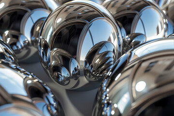 A collection of reflective chrome spheres showcasing intricate reflections and highlights, creating a dynamic, futuristic atmosphere.