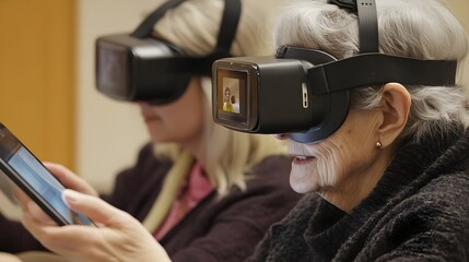 Elderly Women Engaged in Virtual Reality Learning Session