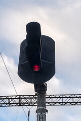 Red traffic light. Old traffic light for trains