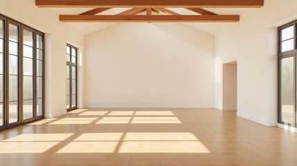 Obraz premium Sunlight streams into a spacious minimalist modern room. High ceilings wooden beams and large windows create an airy empty interior with beautiful hardwood floors. 