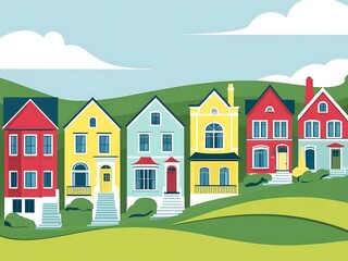 Fototapeta premium Colorful Houses Line A Gentle Green Hillside