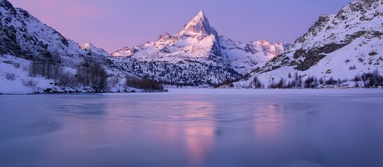 Snowy mountain peaks illuminated by a soft morning light, clear frozen lake below