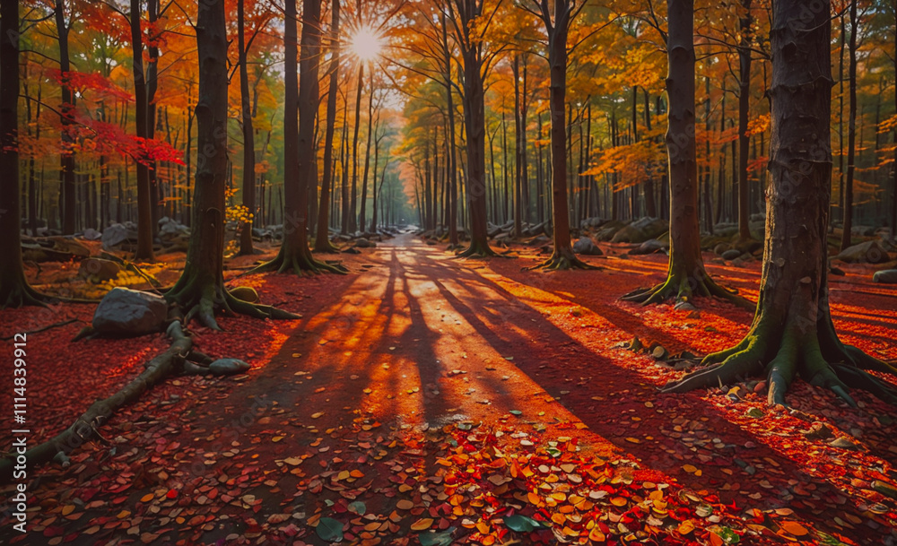 Poster Forest with a path in the middle. The path is surrounded by trees and leaves. The leaves are orange and red