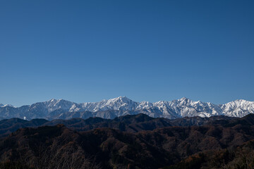 Fototapeta premium 冠雪の北アルプスの山並み 遠望