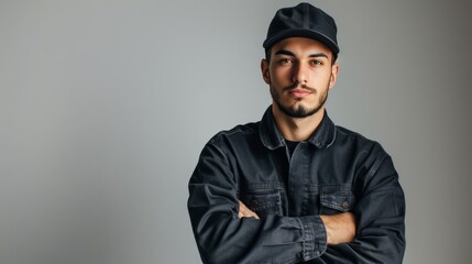 Fototapeta premium Professional electrician posing confidently with folded hands against a clean white background