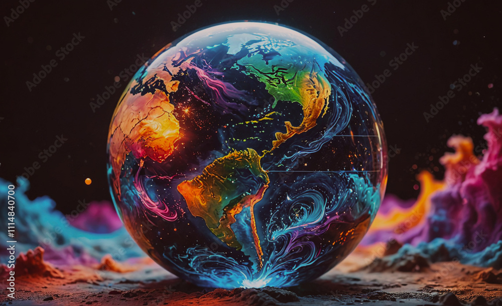 Poster Colorful globe with a blue and green swirl. The globe is surrounded by a colorful cloud. The globe is in the center of the image