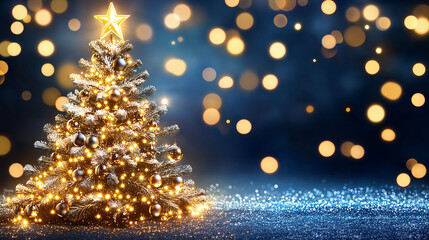 Festive Christmas ornaments arranged midnight blue background shimmering gold intricate golden patterns glowing lights luxurious holiday ambiance elegant seasonal dark sparkling shimmering snowflake