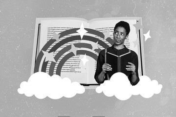 Creative collage image of minded person hold read book ponder drawing rainbow clouds isolated on painted background