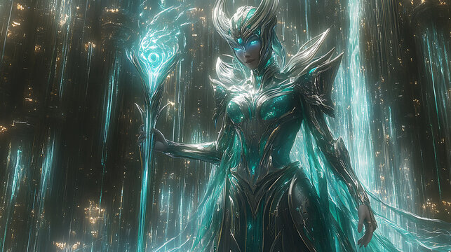 Tefnut in radiant silver armor with holographic waves and an energy staff, surrounded by a neon-lit cyber-oasis with glowing waterfalls
