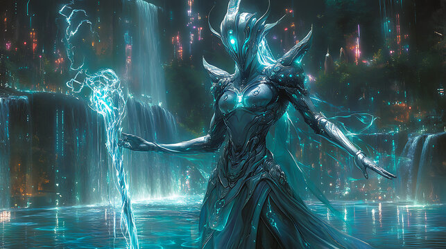 Tefnut in radiant silver armor with holographic waves and an energy staff, surrounded by a neon-lit cyber-oasis with glowing waterfalls