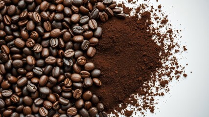 Obraz premium Close up shot of coffee beans and grounds from above, drink, preparation