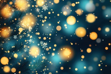Background with bokeh lights and snowflakes, pine trees in the foreground, dark blue background, turquoise and yellow tones, white moon, night sky, stars Generative AI