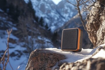 Portable Bluetooth Speaker Resting on Snowy Rock in a Mountain Landscape with Majestic Peaks and Clear Blue Sky in the Background