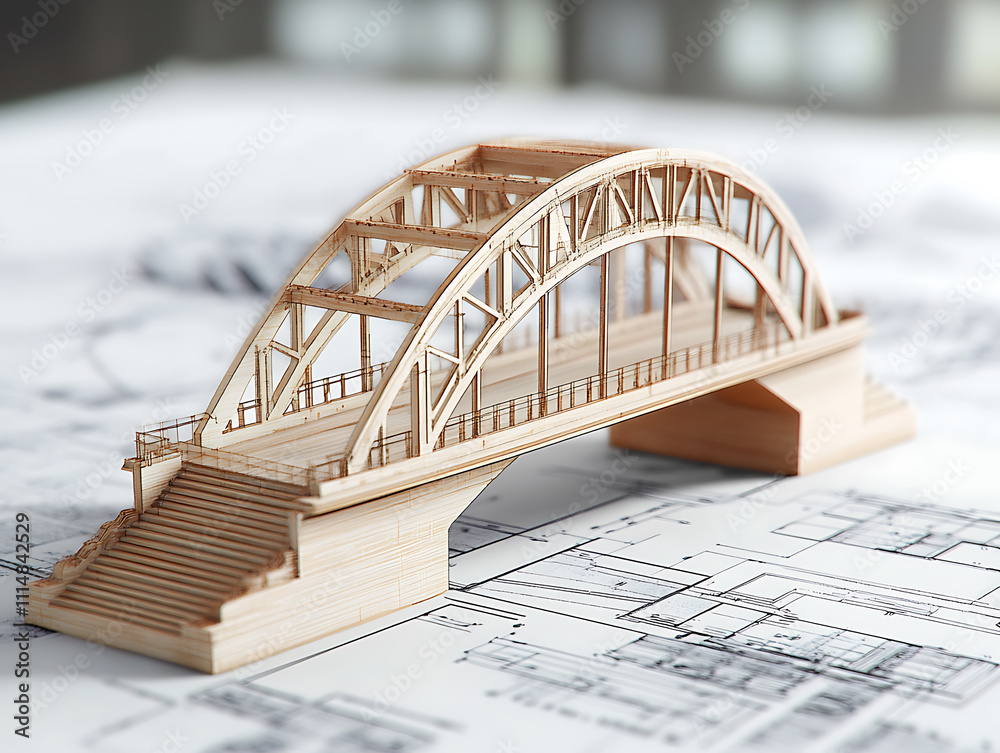 Aufkleber Vision of architecture of a 3d model bridge project with blueprint