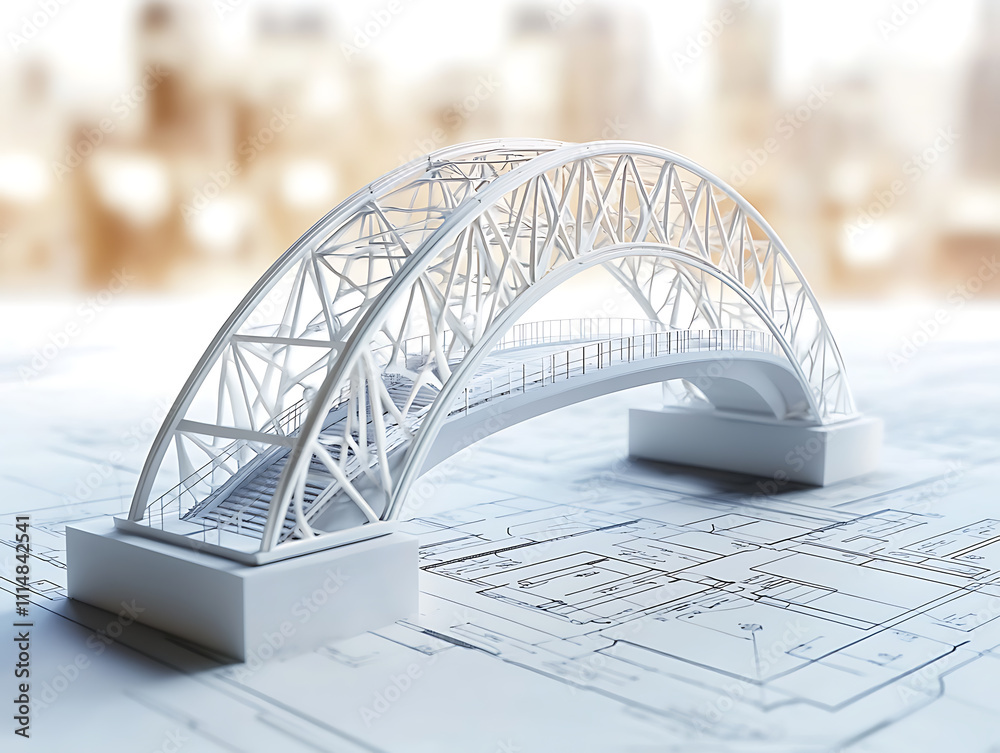 Aufkleber Vision of architecture of a 3d model bridge project with blueprint