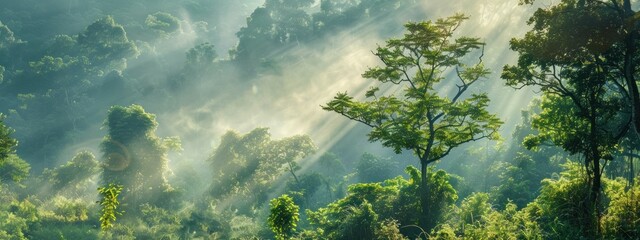 Obraz premium lush forest, sunlight beams, green landscape, nature background, tranquil scenery, vibrant trees, environmental beauty, peaceful atmosphere, serene woods, forest ecosystem