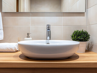Fototapeta premium Wall-mounted vanity with white ceramic vessel sink, interior design of modern scandinavian bathroom