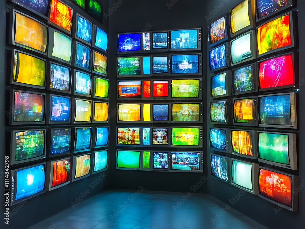 Poster wall of televisions displaying various colorful broadcasts