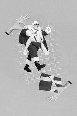 Vertical collage picture of hand fingers hold small santa walking carry presents bag giftbox isolated on creative background
