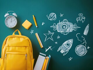 Backpack and Space Drawings on a Green Chalkboard