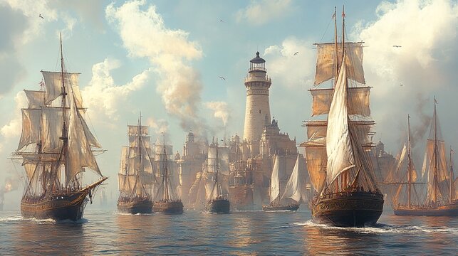 a painting of alexandria lighthouse with many ships around it