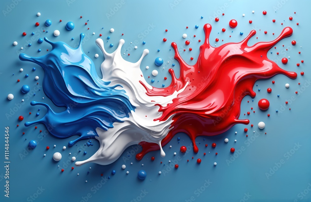 Poster abstract illustration shows vibrant red white, blue paint splatter. fluid motion creates dynamic pat
