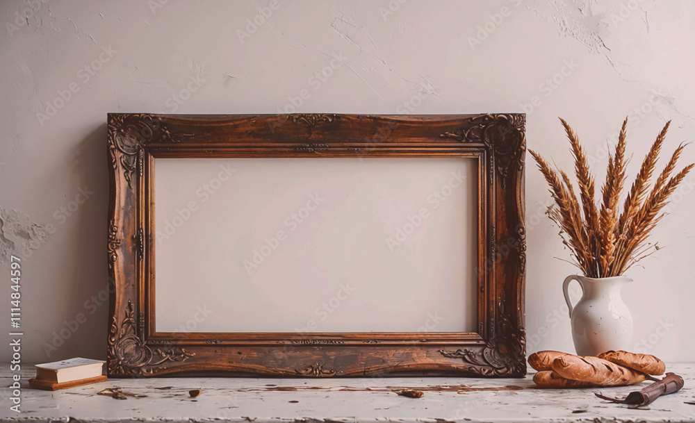 Poster large wooden frame with a white background. a vase of wheat is on the table. a book is on the table