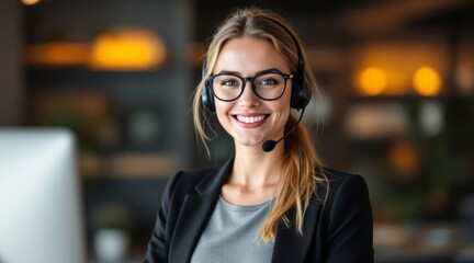 A office worker call center beautiful woman with headphones