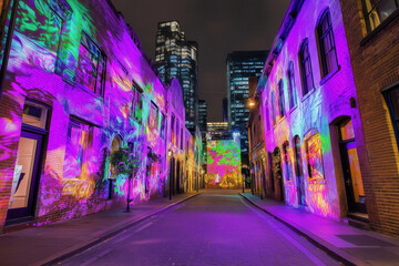 Obraz premium A stunning nighttime light installation casts purple, green, and gold hues onto building facades, illuminating the carnival with vibrant energy