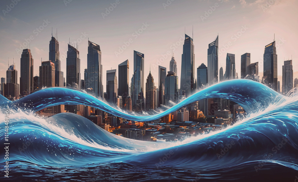 Poster city is shown in the background with a wave in the foreground. the wave is blue and is crashing into