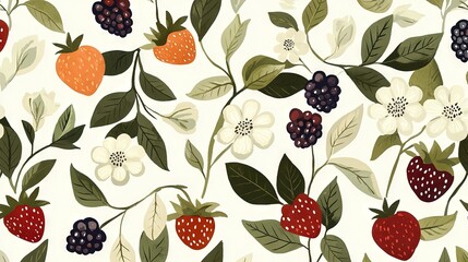   A pattern of red berries, green flowers, and white leaves on a green background