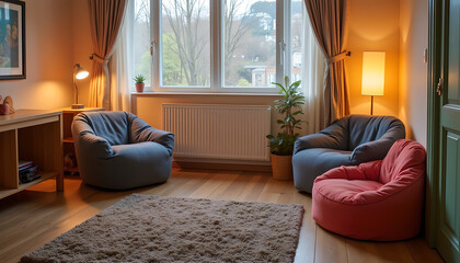 Cozy reading corner with soft lighting and armchairs