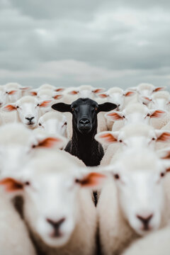 Black sheep stands out among white flock under cloudy sky