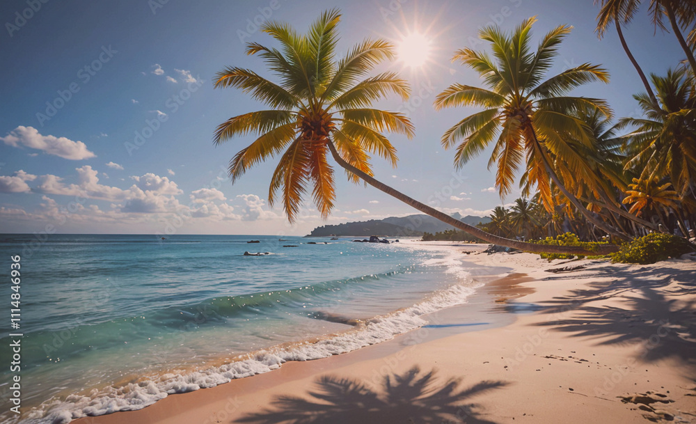 Aufkleber Palm tree is on the beach with the ocean in the background. The palm tree is on the left side of the image