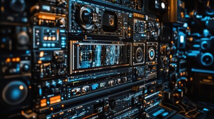 A complex array of audio-visual equipment and controls in a dark, illuminated environment.