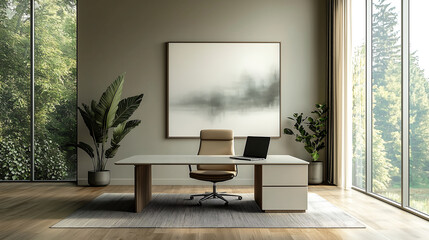 Fototapeta premium Modern office with nature view and minimalist design