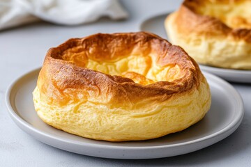 Fluffy and Golden Baked Yorkshire Pudding Served on a Light Gray Plate, Perfect for a Cozy Dinner or Holiday Celebration with Family and Friends