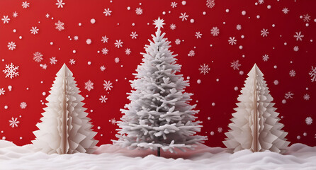 Fototapeta premium 3D render of a Christmas tree in the middle of two white paper trees on a red background with snowflakes.