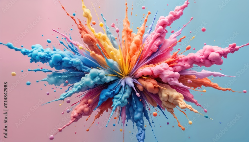 Poster Colorful explosion of vibrant paint splashes. Abstract art design with rainbow colors. Dynamic movement of liquid particles. Creative texture background. Vivid colors create festive, energetic visual