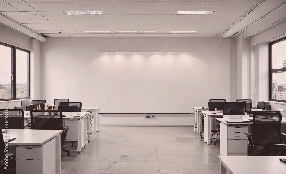 Poster Large open office space with a white board on the wall. There are several desks with chairs and a computer on each desk