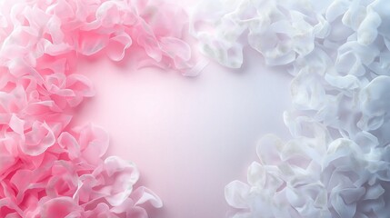 Fototapeta premium Heart shaped arrangement of pink and white petals on a soft background with copy space