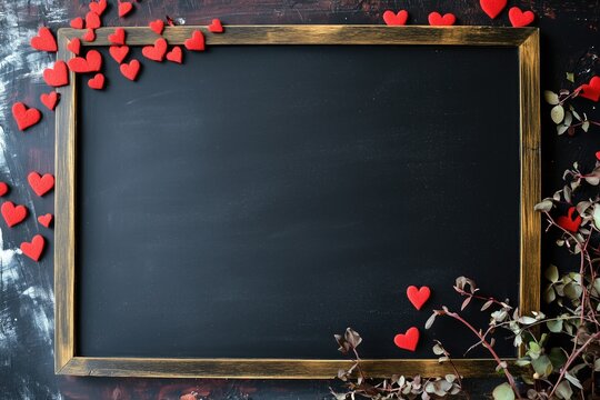 Rustic black chalkboard frame with red hearts and decorative branches for valentine's day