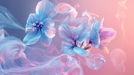 Obraz premium A close-up of a blue flower against a pink and blue backdrop, with a soft out-of-focus depiction of various flowers in the distance