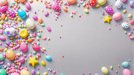 An abstract composition of Easter-themed shapes and colours placed on a grey concrete background, creating a visually striking pattern, colourful, creative, minimalist, art, geometric patterns