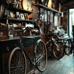 Obraz premium Vintage Bicycle Display in Cozy Workshop with Warm Lighting and Rustic Decor, Showcasing Classic Design Elements and Retro Aesthetic for Photography Enthusiasts