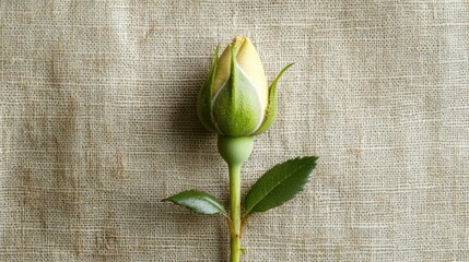 Delicate Green Rosebud on Natural Linen Fabric Background Capturing the Beauty of Nature's Unopened Blooms in Soft Colors and Gentle Textures for Floral Inspiration