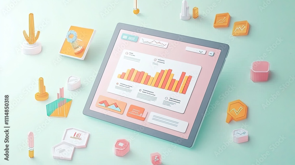 Poster modern digital dashboard displaying colorful data visualizations and graphs on a tablet surrounded b