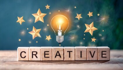 The word Creative is written on wooden blocks with stars and a lightbulb