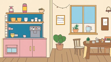 A cozy home coffee corner decorated with charming doodles. The space features a coffee cup resting on a wooden table surrounded by hand-drawn doodles, adding a playful and artistic touch 