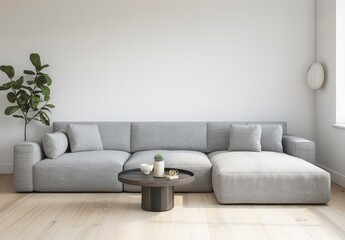 Fototapeta premium Minimalist living room interior design with a grey sectional sofa. a wooden coffee table. and a green plant